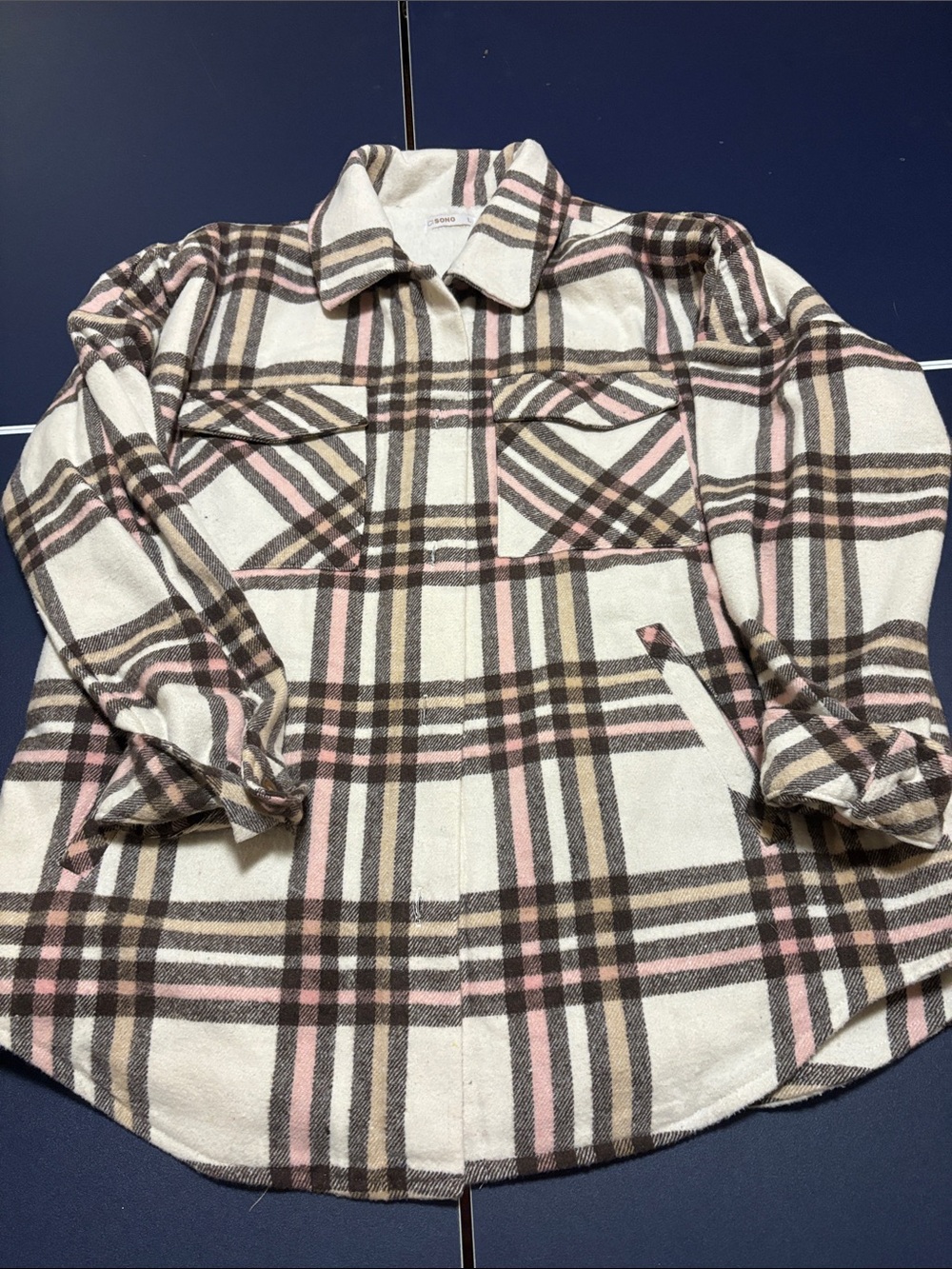 Plaid Button-Front Shirt Jacket in Cream, Pink & Brown Sherpa inside